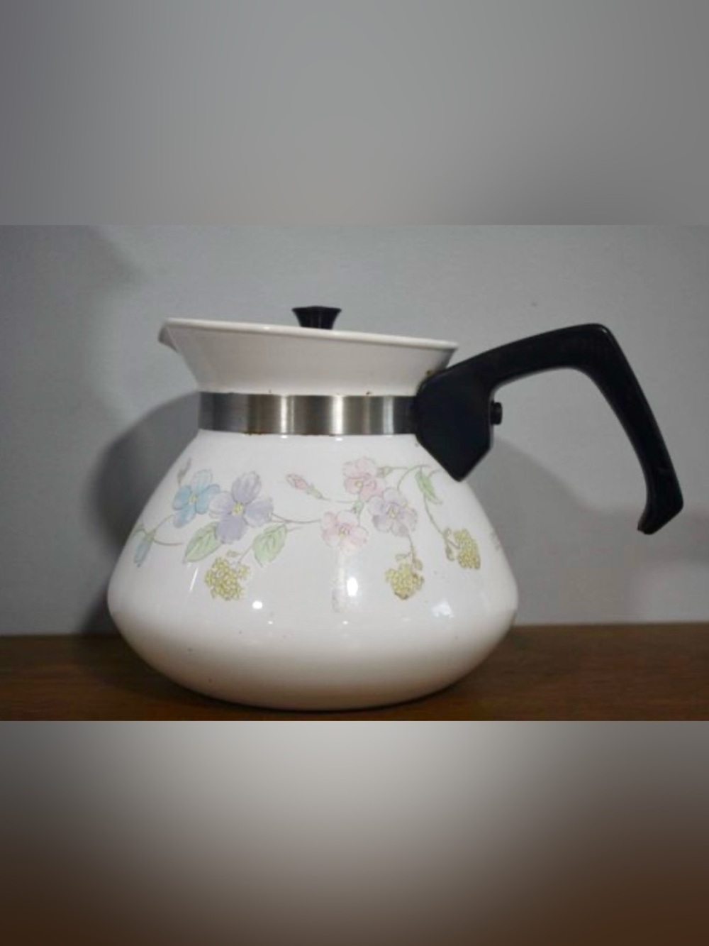 CorningWare Wildflower Tea Pot White & Black Vintage 70s